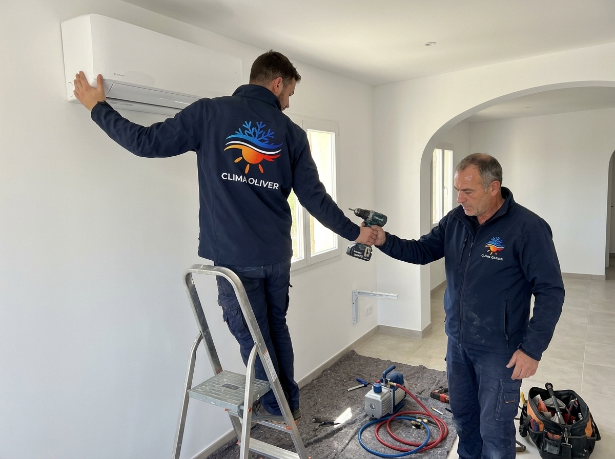 Dos instaladores de Clima Oliver con uniforme corporativo montando un split en un hogar