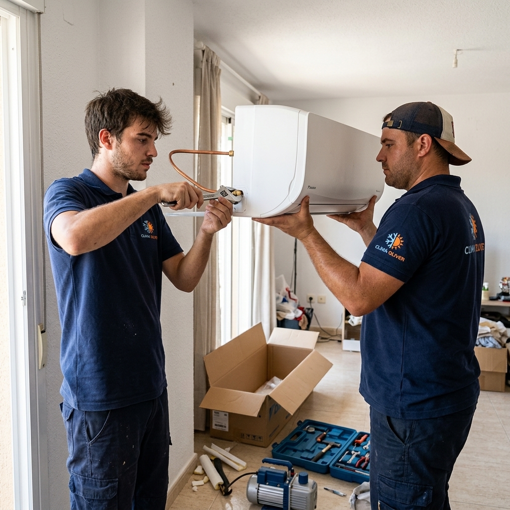 Dos trabajadores de Clima Oliver terminando la instalación de un split residencial